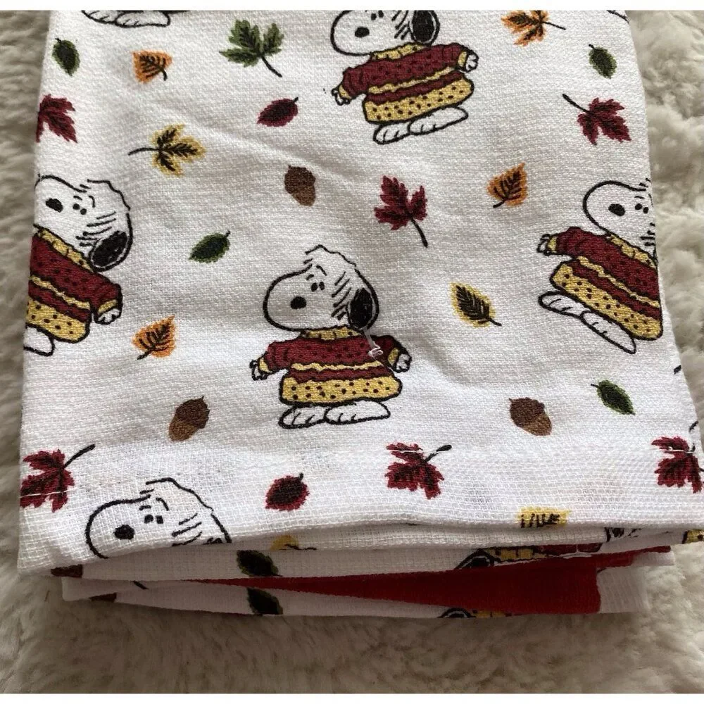3 Pack Peanuts Snoopy Chunky‎ Sweater Fall Autumn Leaves Kitchen Towels 16 X 26”